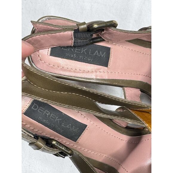 Derek Lam Orange Brown Patent Leather Slingback Platform Wooden Heel Sandals 8.5 - Picture 7 of 11